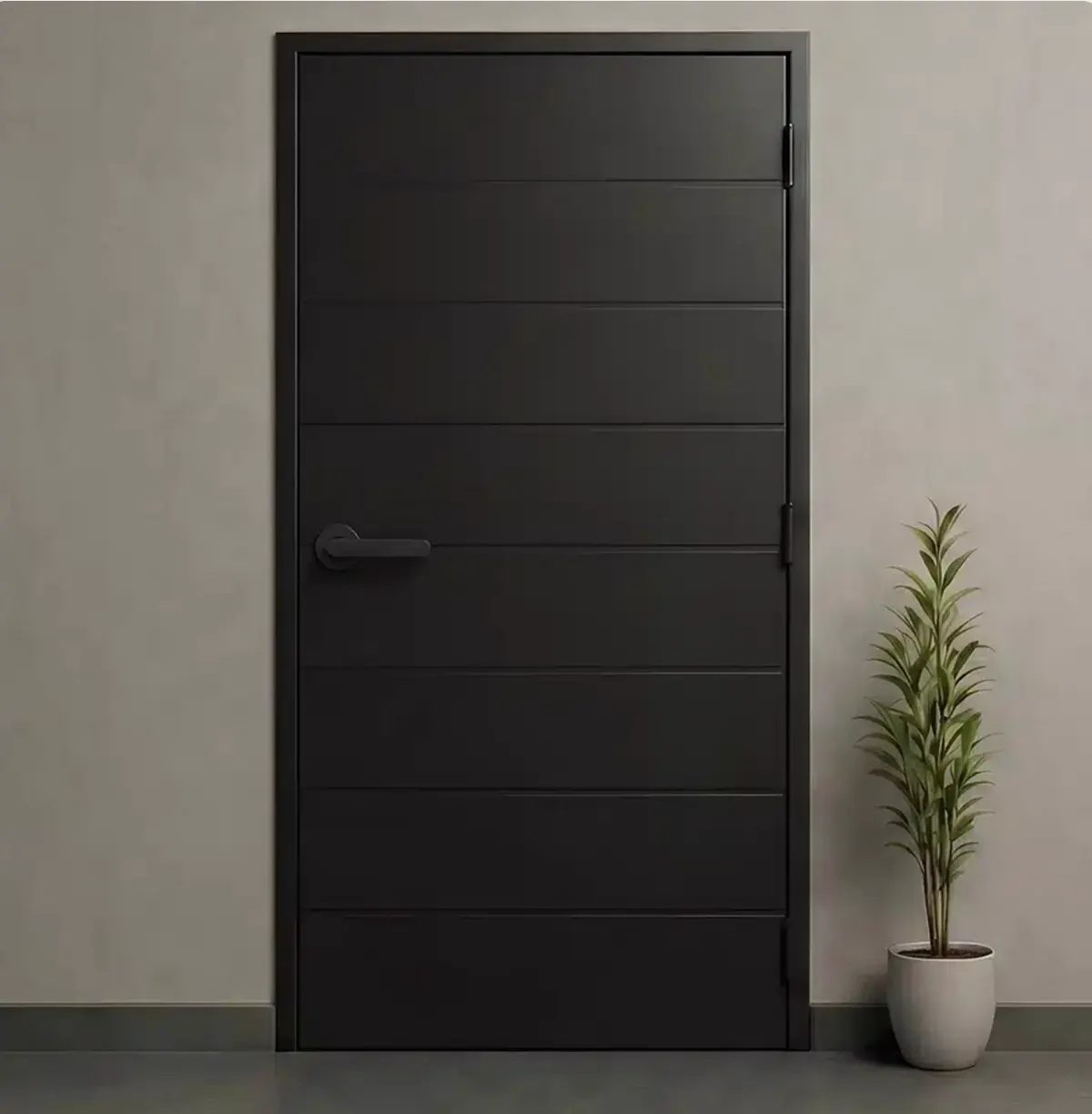 Porta corta-fogo metálica preta instalada em ambiente interno