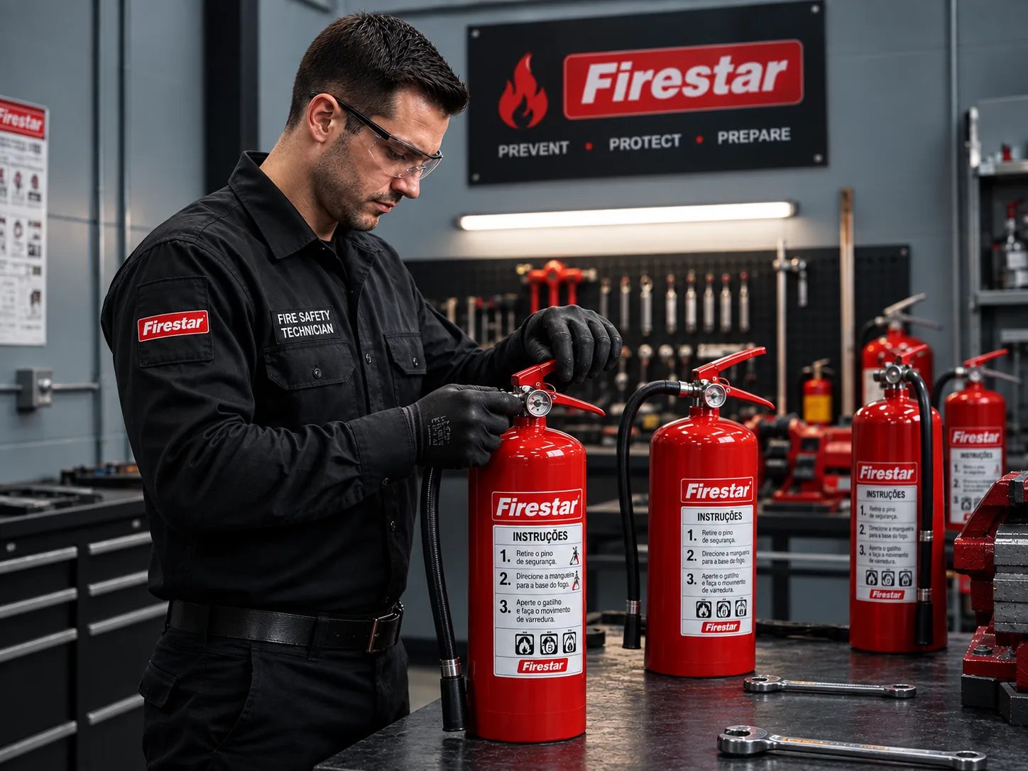 Técnico da Firestar realizando manutenção e recarga de extintores em oficina especializada