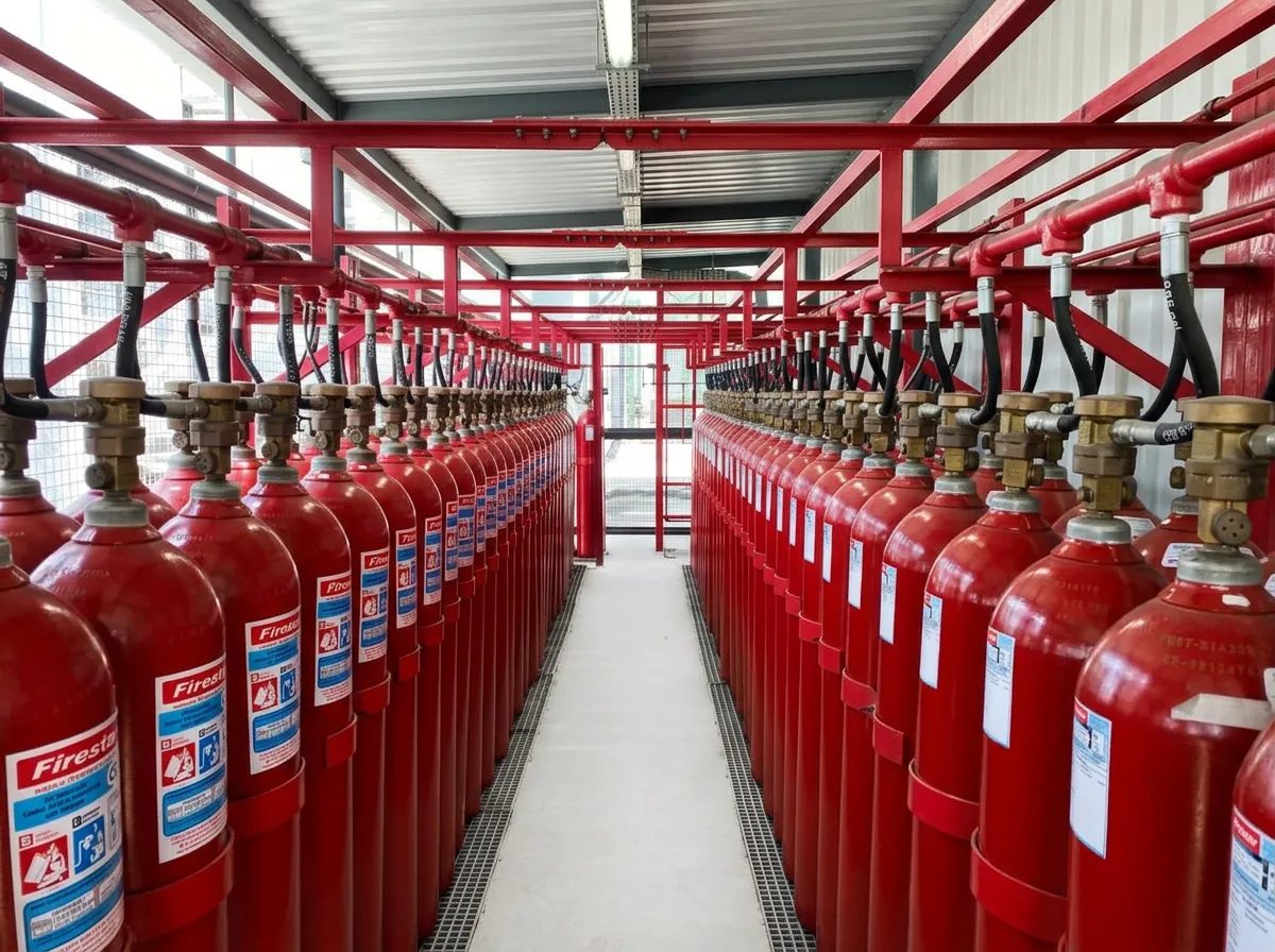 Corredor com dezenas de cilindros de agente extintor Firestar em central de combate a incêndio